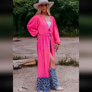 NWT Western Pink Chiffon Duster with Leopard Print Ruffle Hem